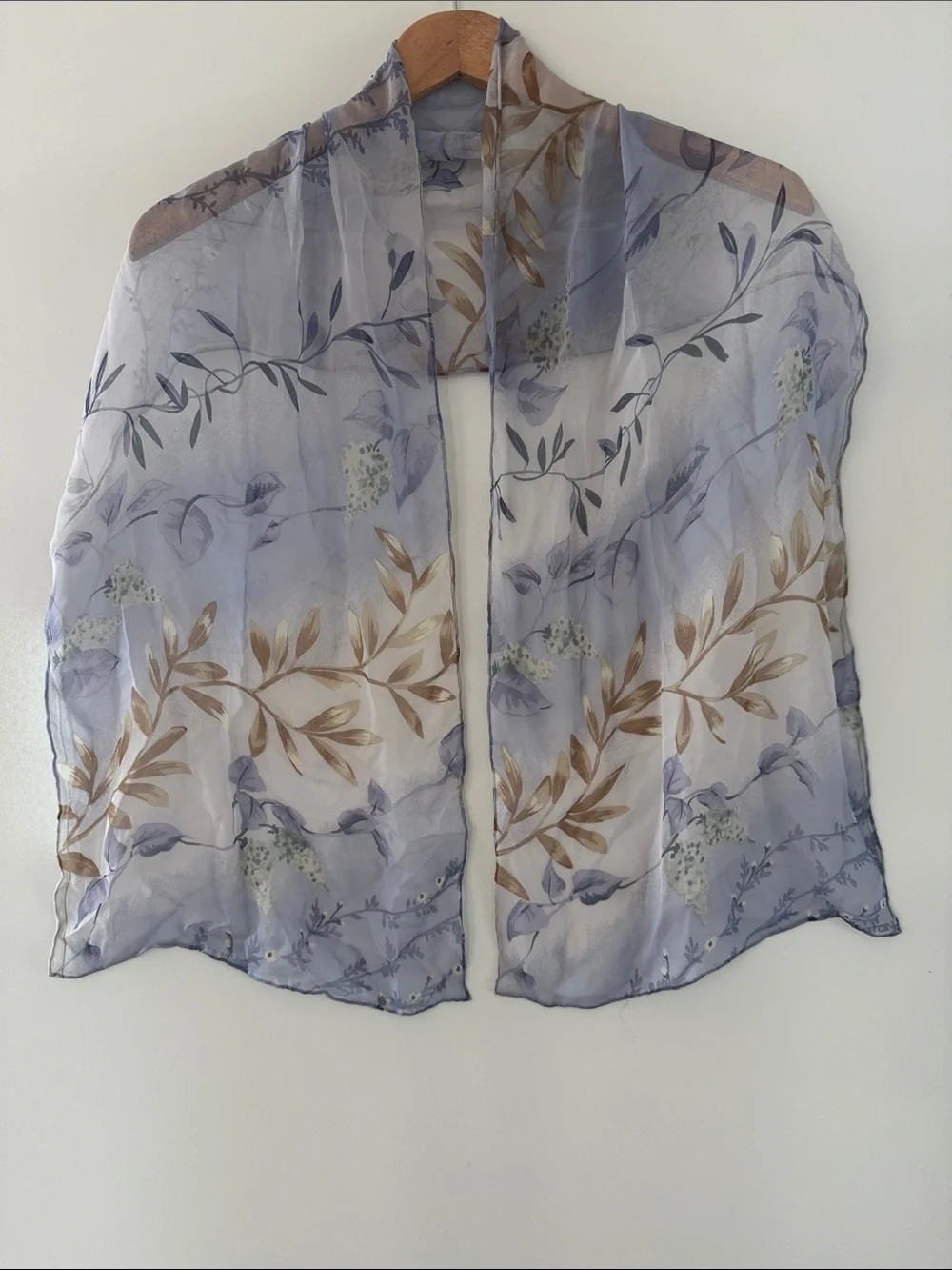 Halston Sheer Silk Floral Scarf 36x13 Blue Lavender Flowers Oblong Rectangle